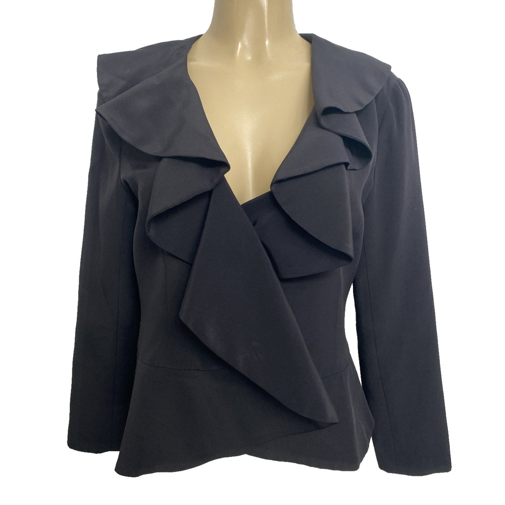 Neiman Marcus Jacket Blazer Ruffled Silk Black Button Long Sleeve Top Blouse 8 M